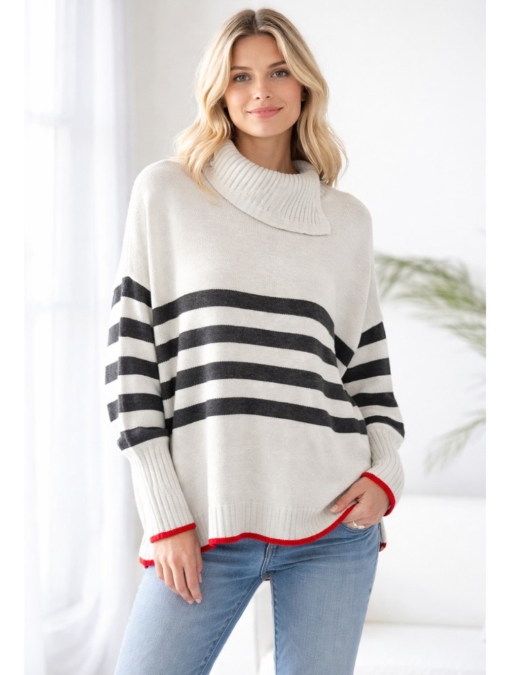 Mersea Marina Striped Tunic Sweater Red Trim Womens One Size
